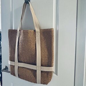 Woven Straw Tote Bag with Contrast Straps - Brown